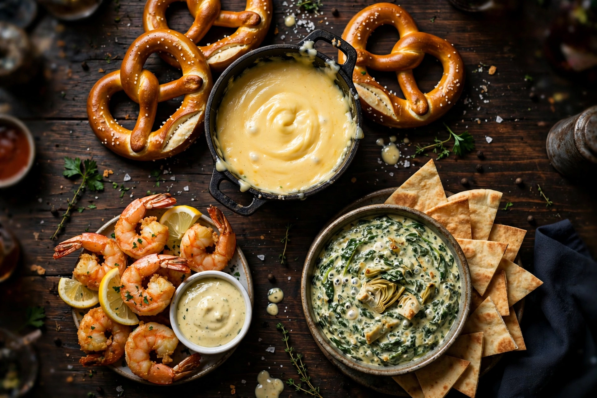 Black Rock Hartland MI menu appetizers – pretzel fondue, volcano shrimp and spinach artichoke dip